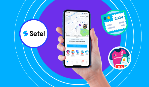 Setel app logo next to a person's hand holding a mobile phone with a screenshot of the Setel app