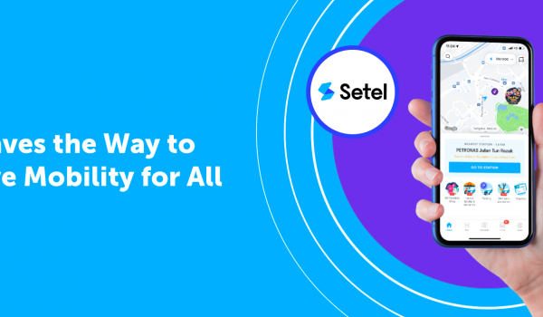 Setel app logo next to a person's hand holding a mobile phone with a screenshot of the Setel app