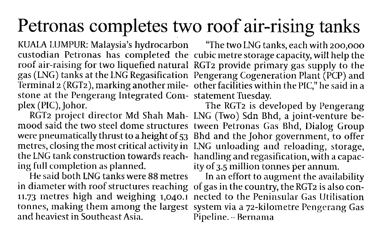 PETRONAS Completes Two Roof Airraising Tanks at Pengerang PETRONAS