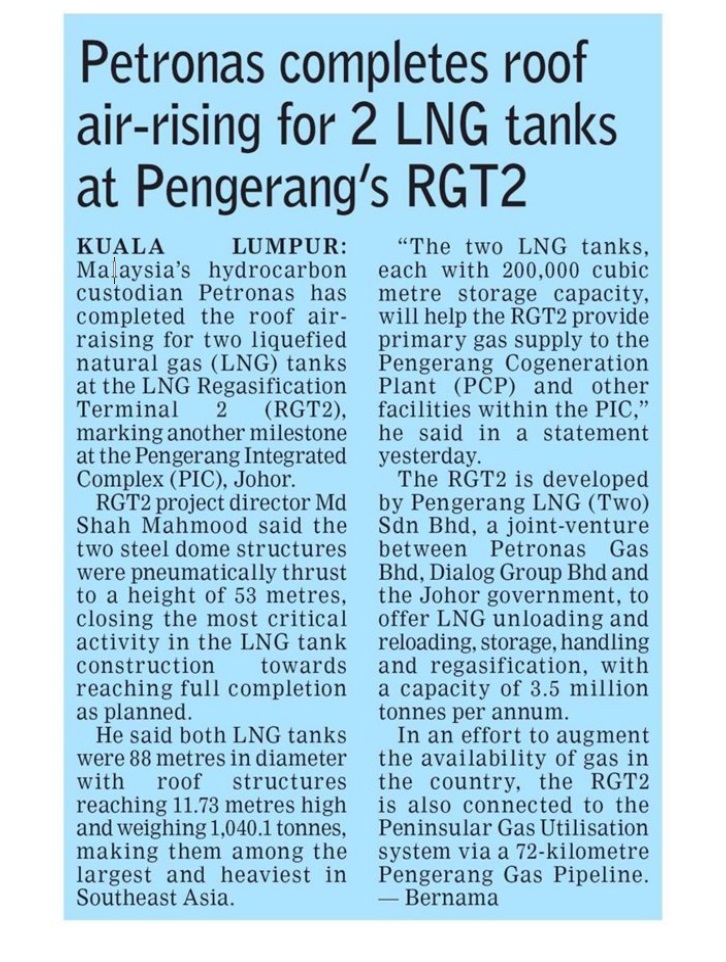 PETRONAS Completes Two Roof Airraising Tanks at Pengerang PETRONAS